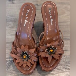 Diego Di Lucca Leather Wedge Sandals – Brown Woven Floral Y2K | Size 6.5 |